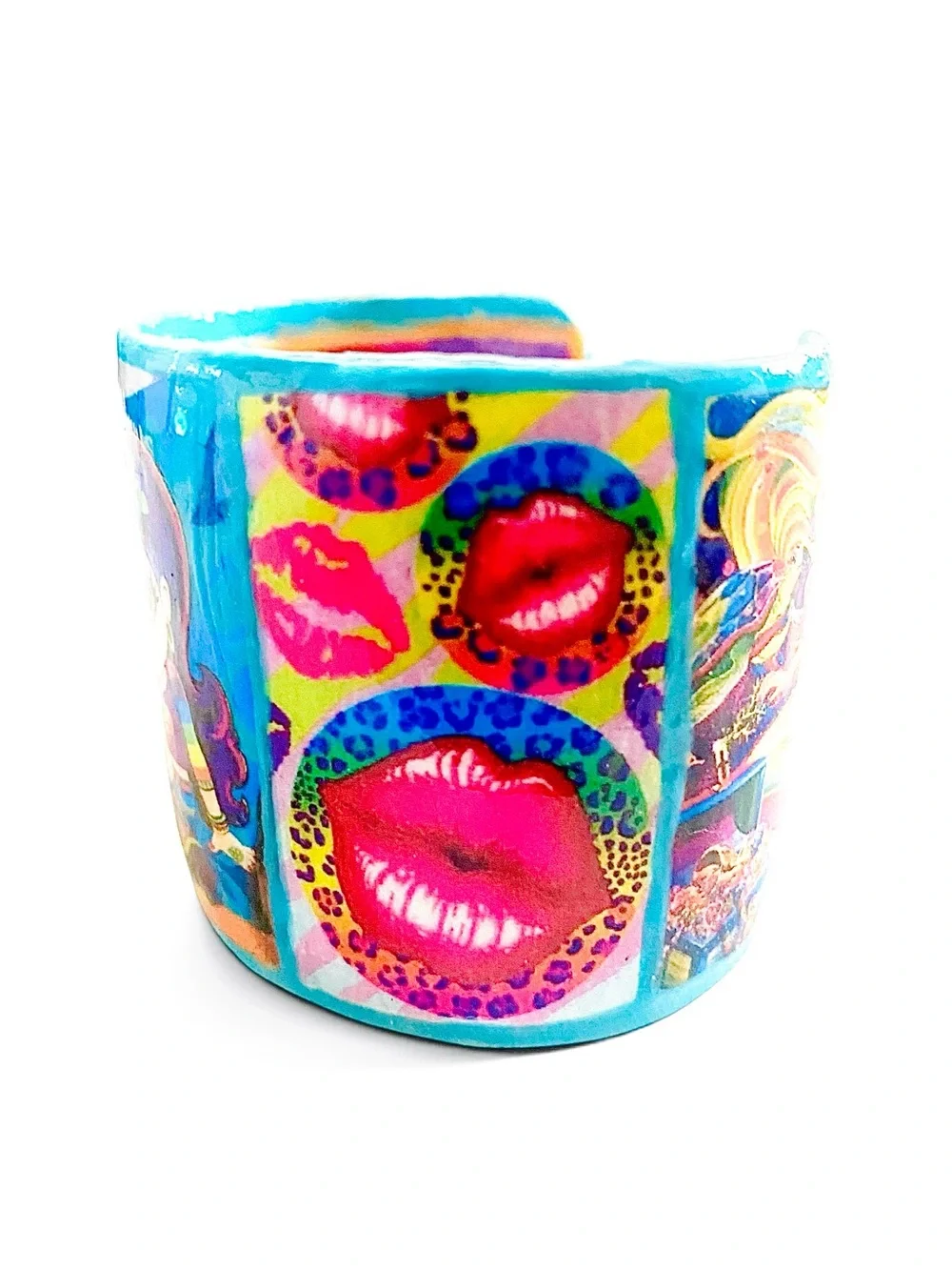 Bright and Whimsical Character Bracelet with Cute Girl and Kitten, Lips, Leopard